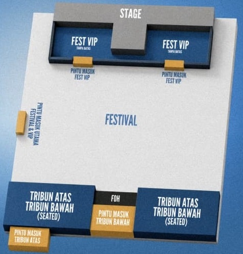 Denah venue: STAGE, Fest VIP kiri & kanan, Festival di tengah, Tribun Atas & Bawah (seated)